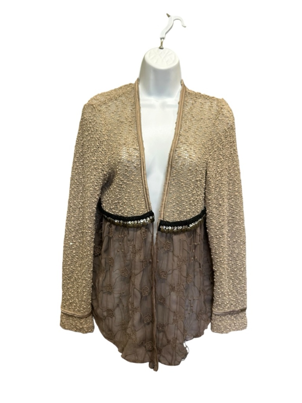 PS Fashion Vintage Boho Beaded Sheer Knit Cardigan Brown Size S Fairycore - Picture 2 of 6